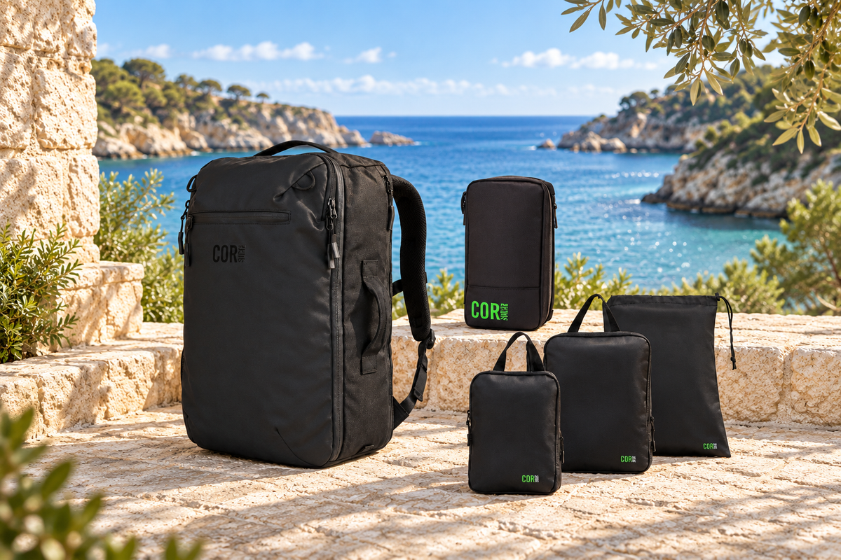 Black COR Surf Island Hopper backpack, toiletry bag, compression cubes and laundry bag on a coastal terrace