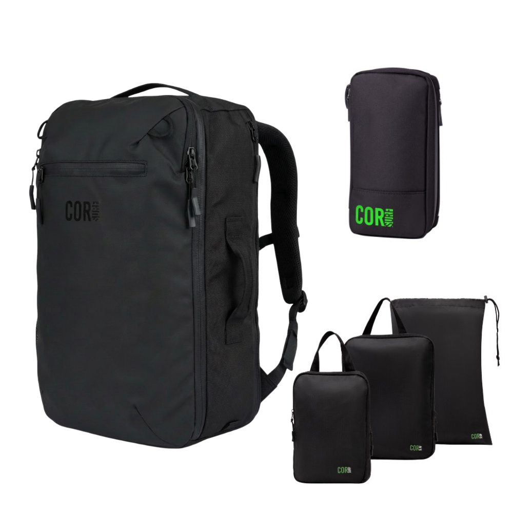 Black 28L COR Surf Island Hopper travel bundle with backpack, toiletry bag, compression cubes and laundry bag